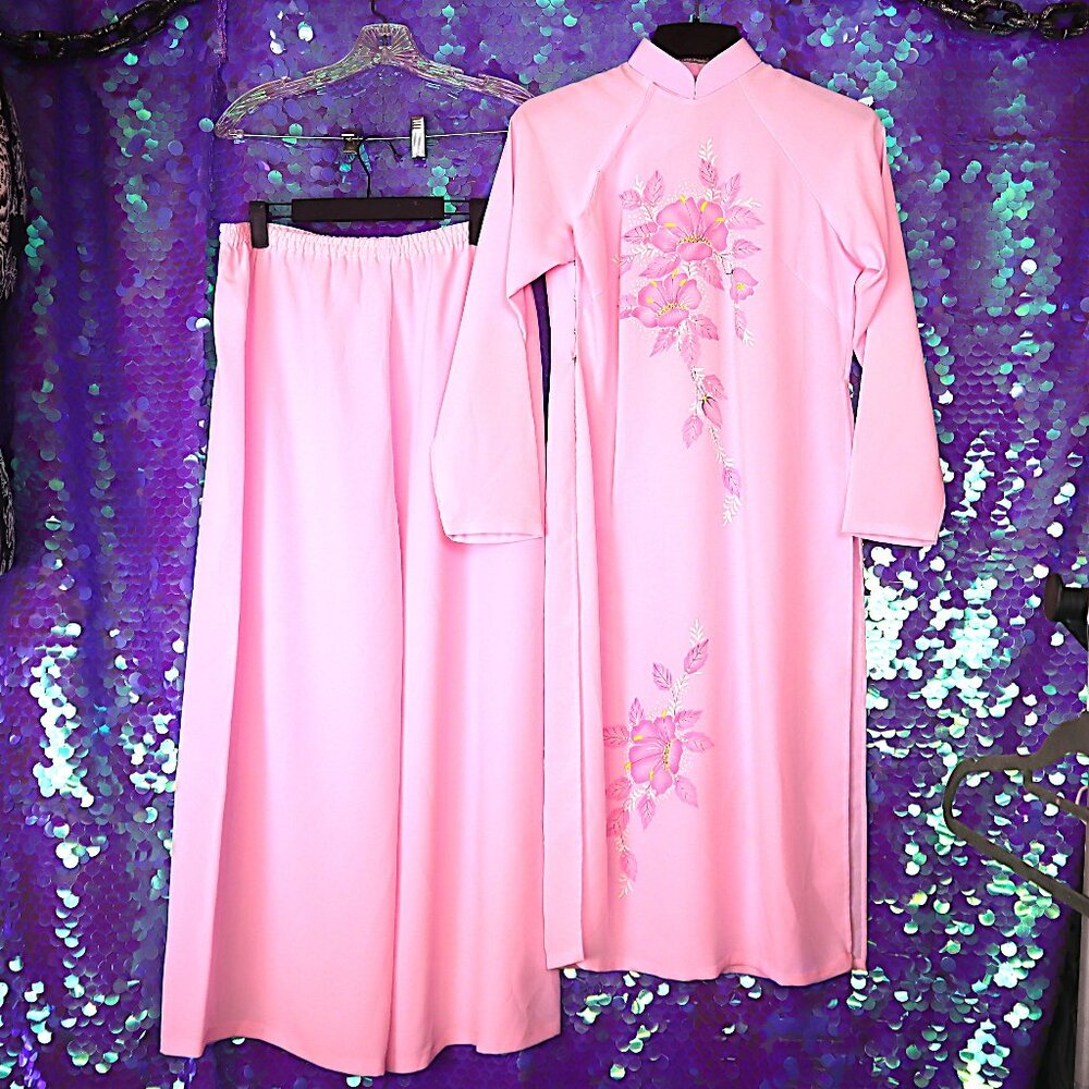 VINTAGE ASIAN LOUNGE SET L Floral Pink Pants PJs Sleepwear Pastel 70s Snaps